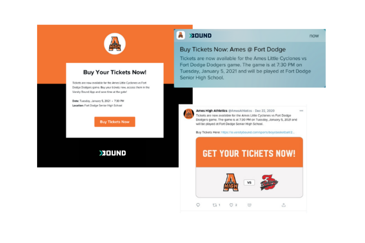 An image of various ticketing notifications that can be sent publicly using the Bound platform.
