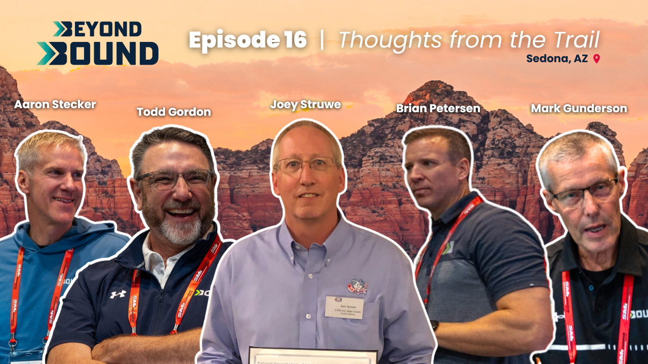 Thumbnail cover image for Episode 16 of Beyond Bound, highlighted by cut-out profiles of several of our Bound Directors, with a Sedona, Arizona landscape in the background.