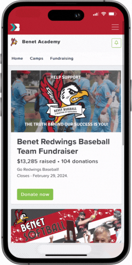 Example of a baseball fundraiser, showing the fundraiser goals, amount raised, words of support, and ability to donate now.